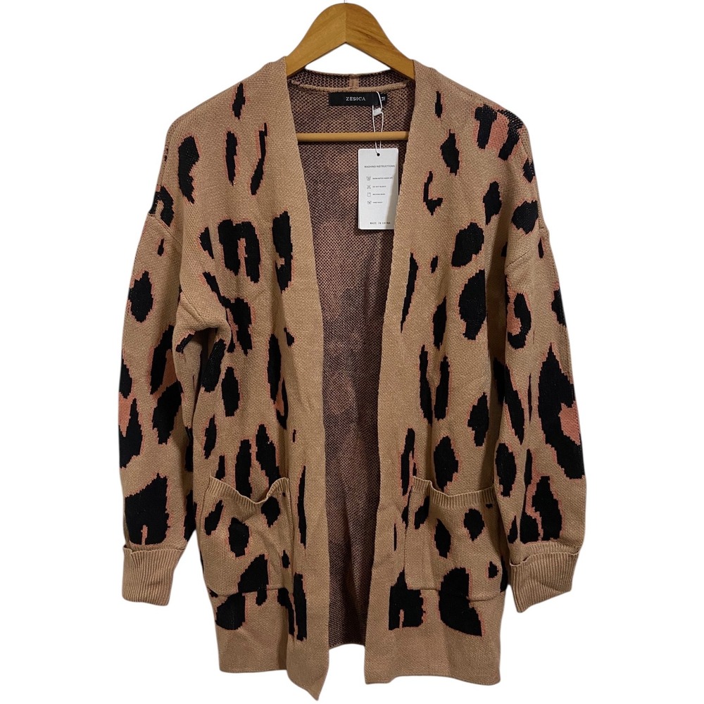 ZESICA NWT Leopard Print Cardigan Sweater Open Front Pockets‎ Tan Black Pink M